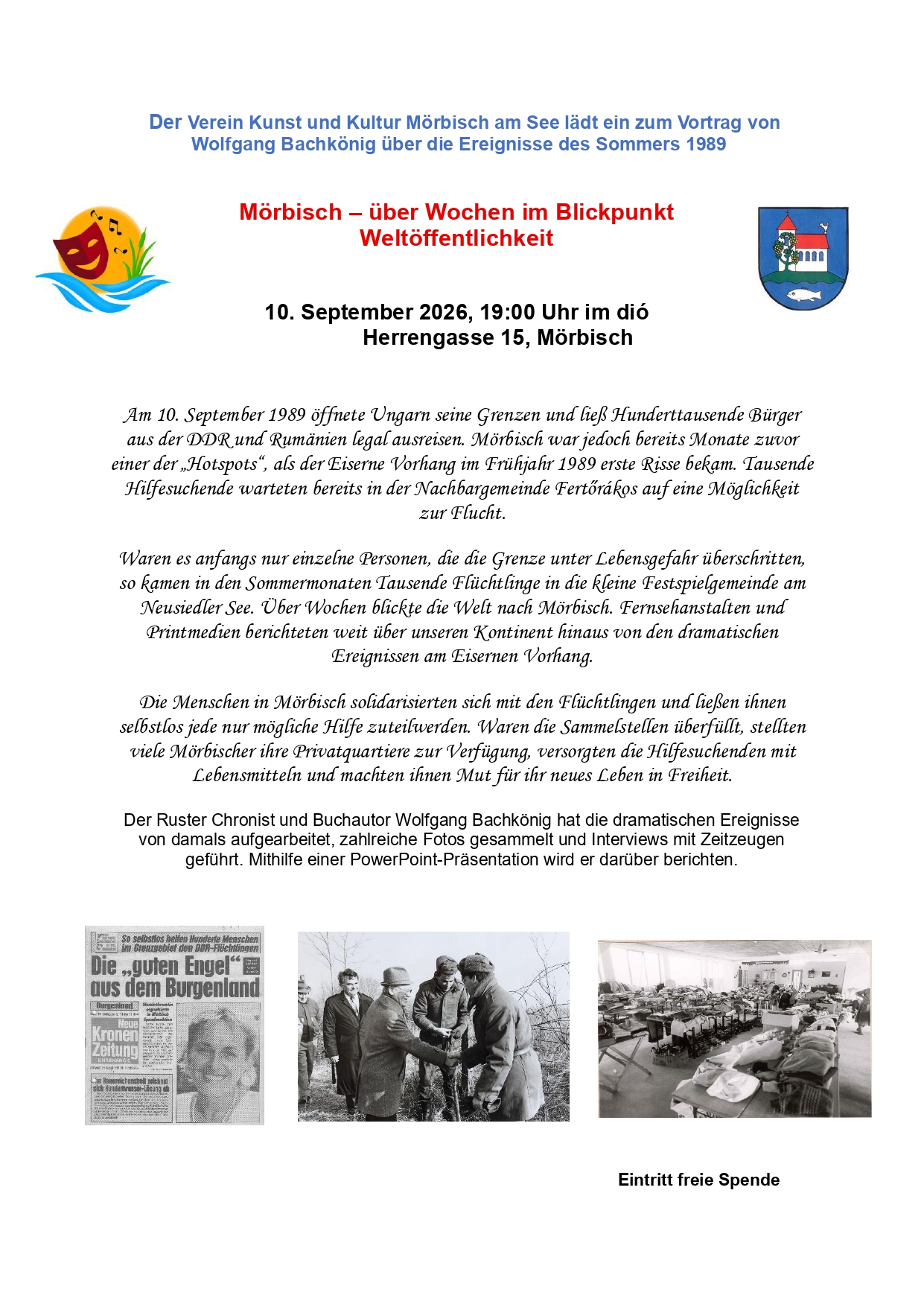 Veranstaltungsplakat zum Vortrag über die Grenzöffnung 1989 in Mörbisch.